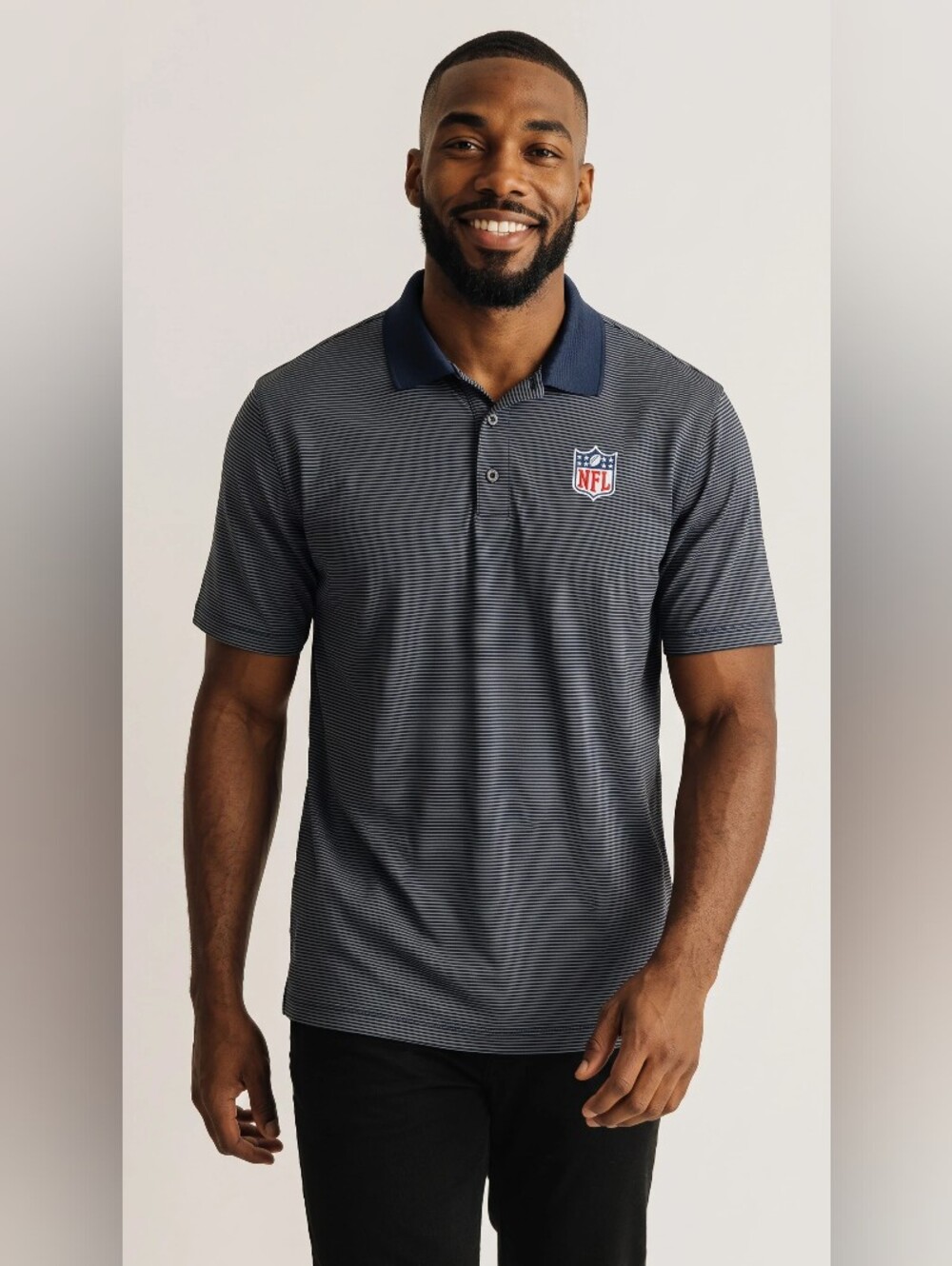 NFL Men's Navy and White Striped Polo with Chest Shield SIze 2XL